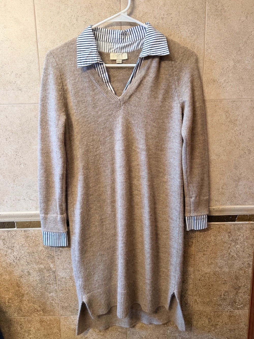Loft V-Neck Sweater Dress - Taupe